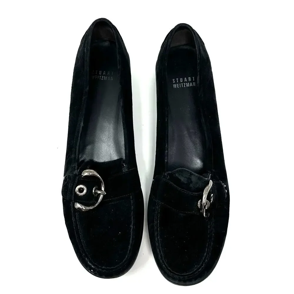 Stuart Weitzman Size 10 Flats Black Suede Loafers Stitched Buckle Slip On Casual